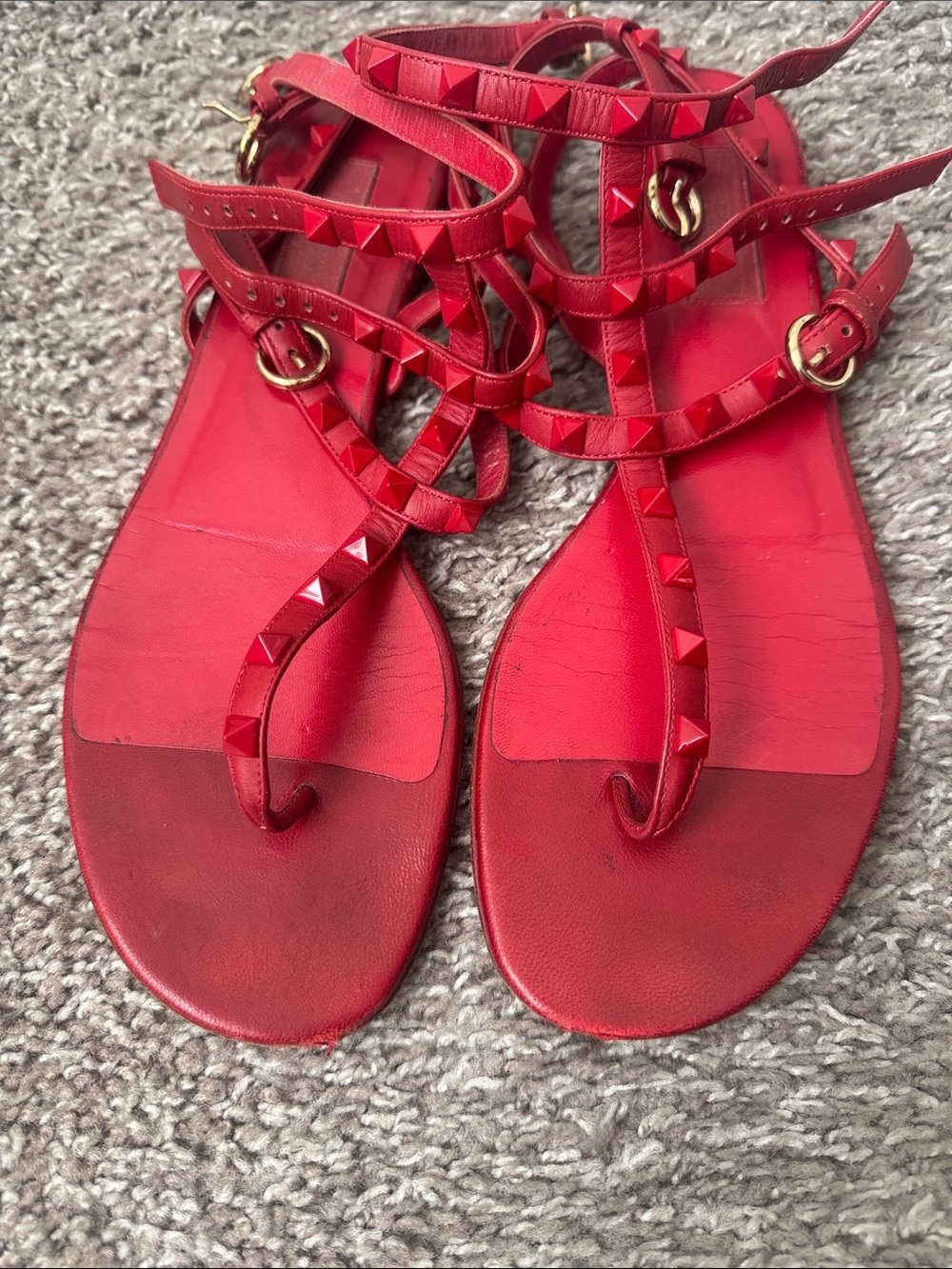 Valentino Garavani Red Studded T-Strap Flat Sandals